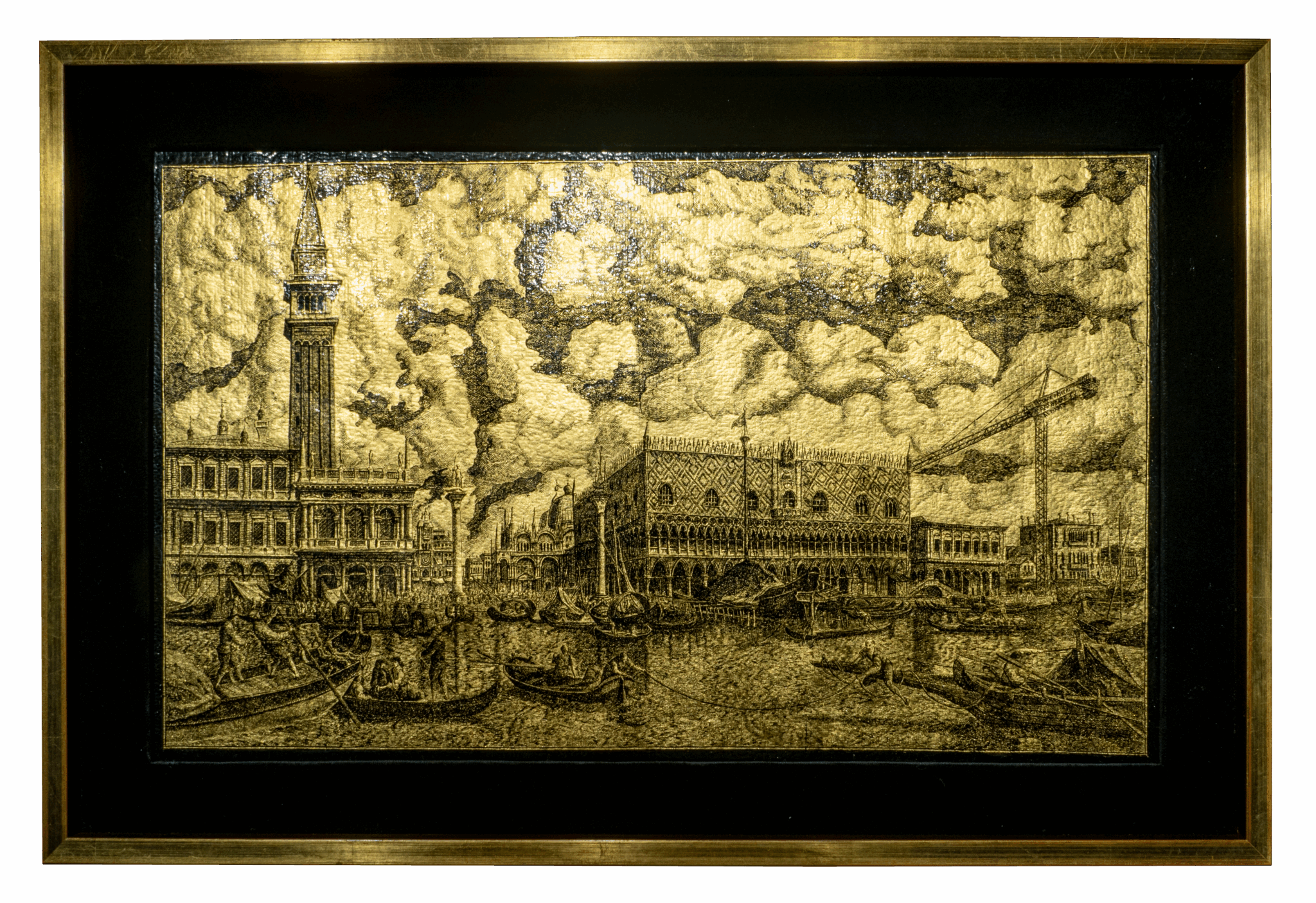 Framed gold engraving of Venice with St Mark’s bell tower, Doge’s Palace, gondolas on the water and a modern crane in the background, artwork “An Icon of Venice” by Riccardo Toso Borella.