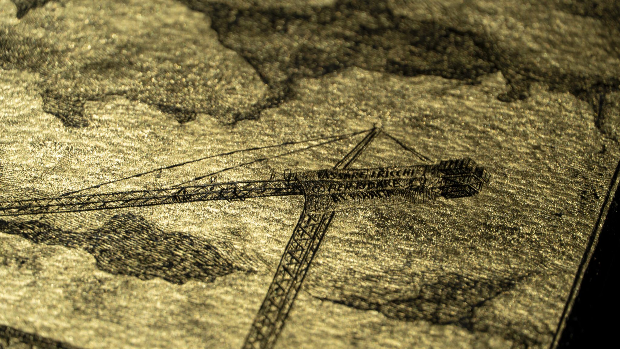 Detail of the artwork “An Icon of Venice”: waterfront façades and a contemporary crane engraved on gold leaf, with boats in the foreground.