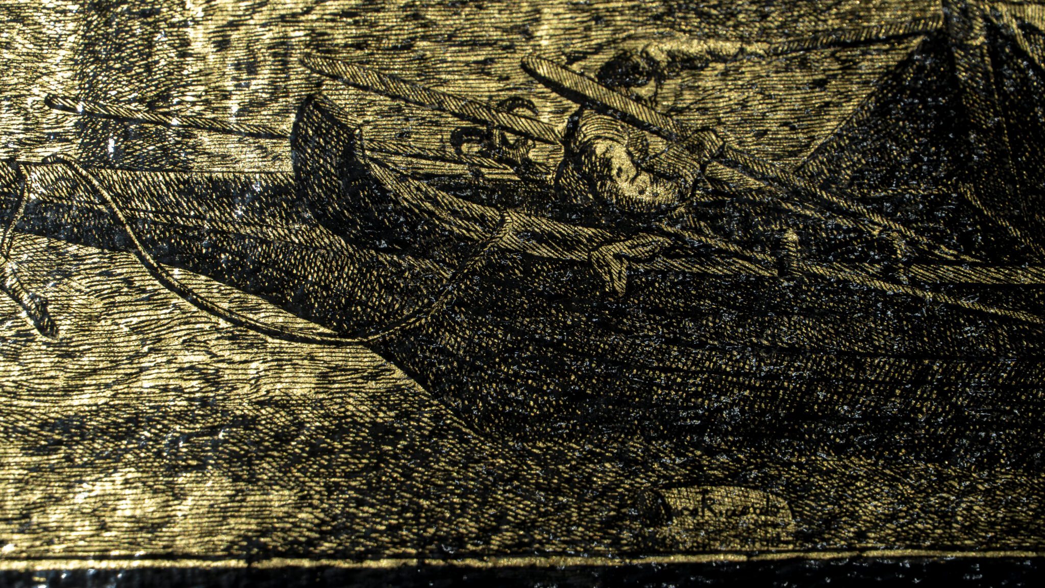 Detail of the artwork “An Icon of Venice”: foreground boat engraved on gold leaf, with rower and a barrel bearing the artist’s signature.