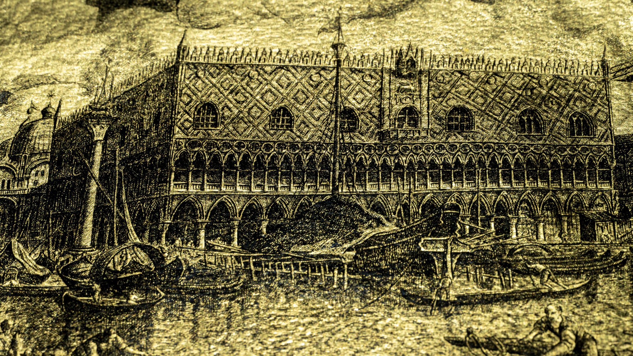 Detail of the artwork “An Icon of Venice”: the Doge’s Palace facing the basin, with gondolas and boats in the foreground, engraved on gold leaf.