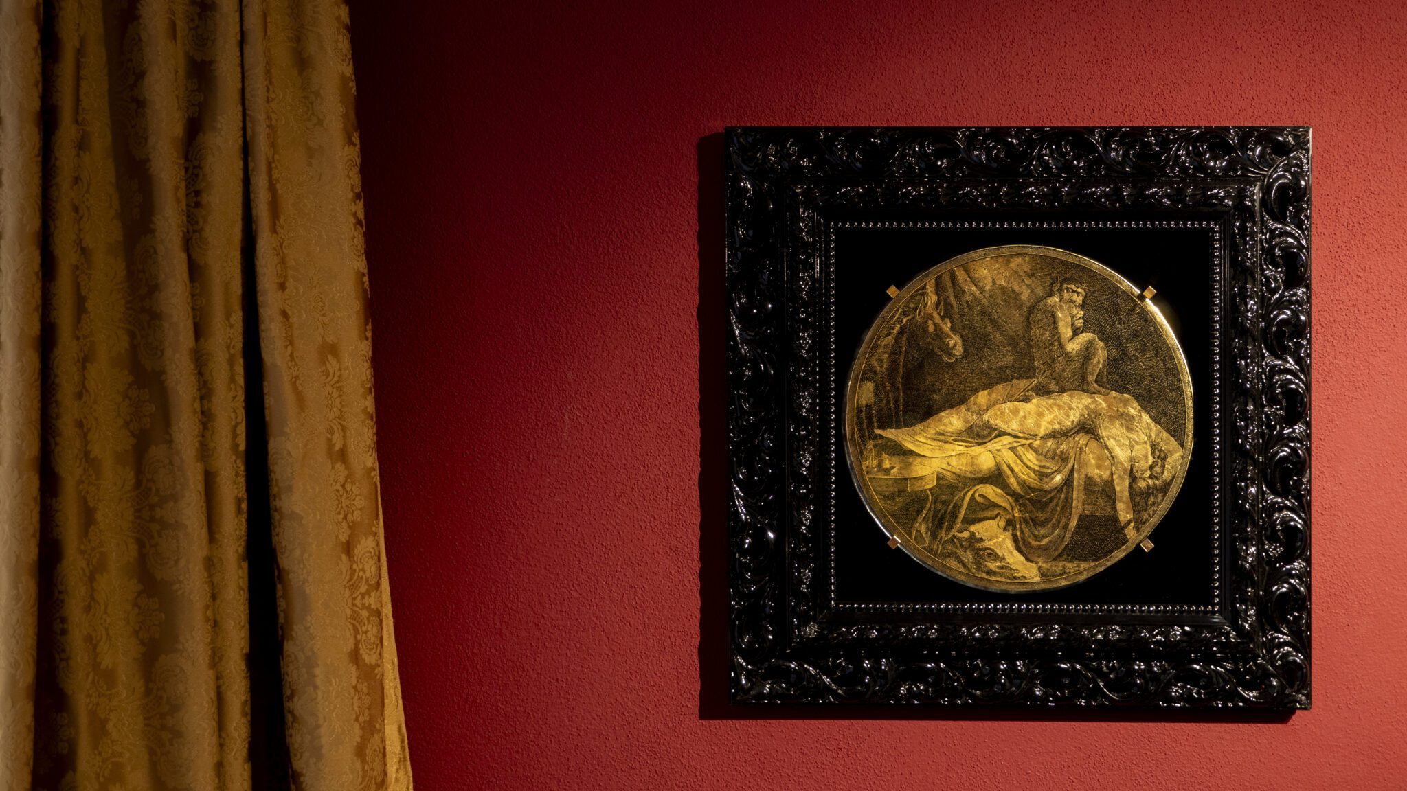 Murano glass and 24-karat gold leaf artwork by Riccardo Toso Borella: a reclining female figure inspired by Europa lies in a dreamlike scene while a small monster sits on her abdomen and an infernal horse emerges from behind a curtain bearing the European Union flag.